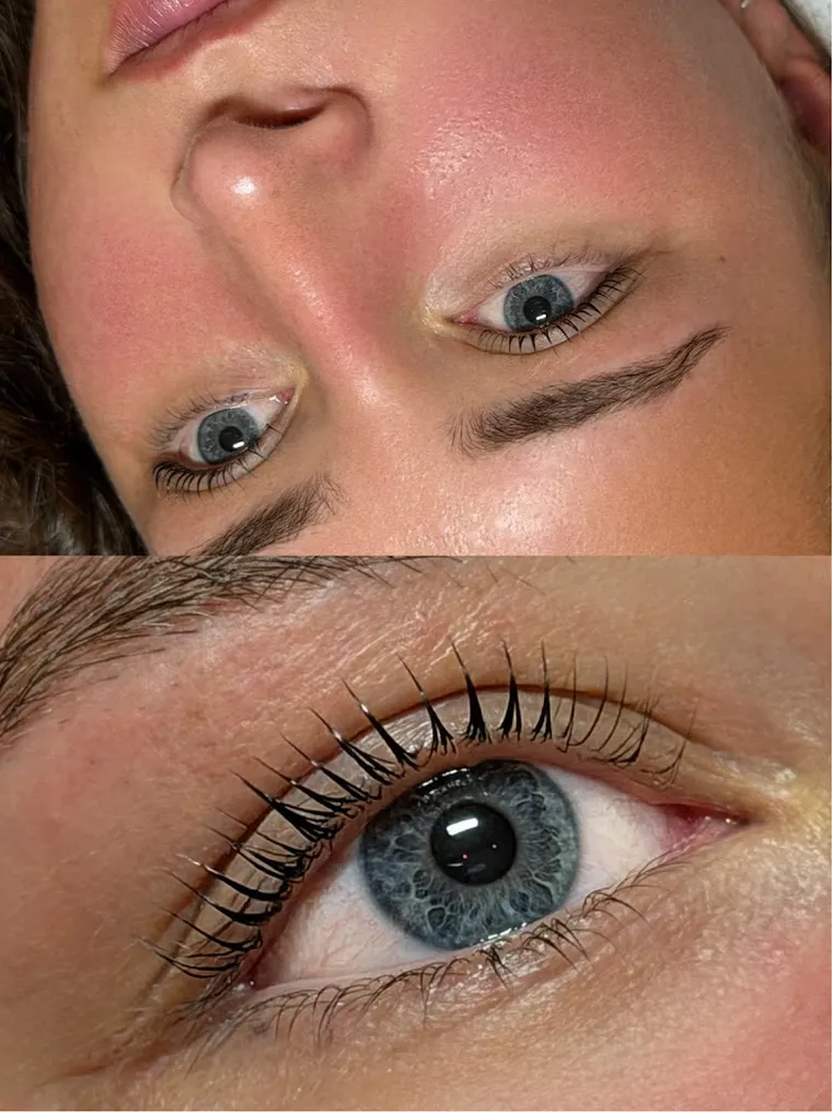 Close-up of a lifted, tinted lash set on blue eyes at Soso Beauty Liverpool