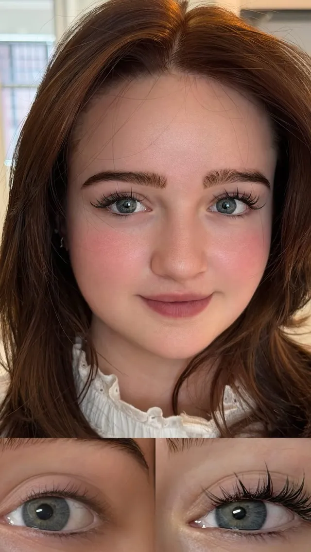 Soft natural lash extensions framing blue eyes