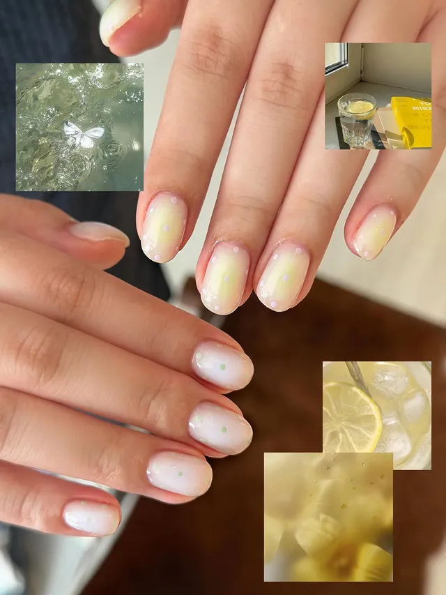 Lemon-yellow ombré nails with white polka dots