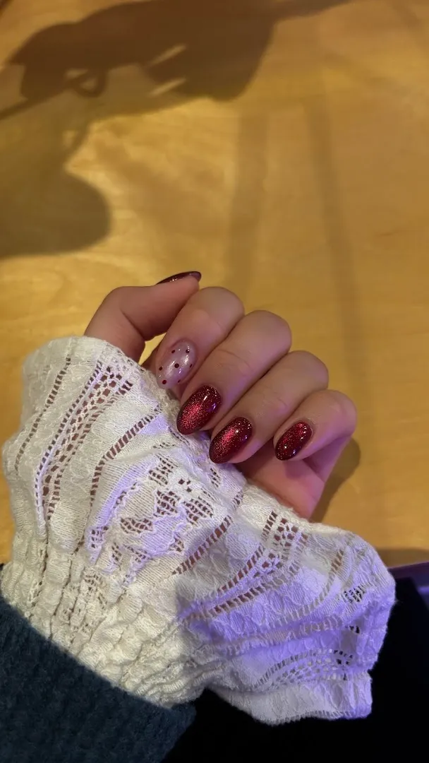 Deep red glitter almond nails