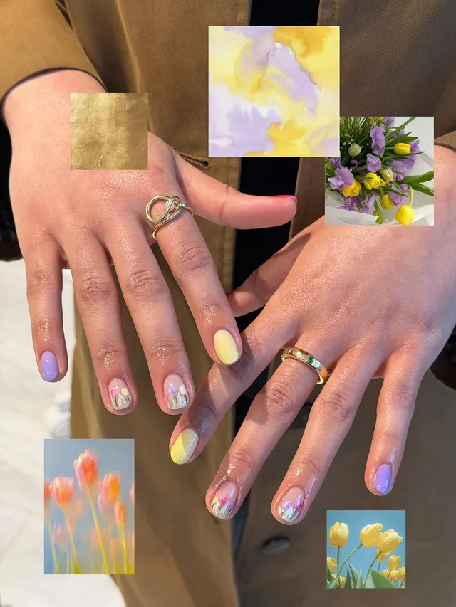 Pastel tulip nail art in soft lilac and yellow