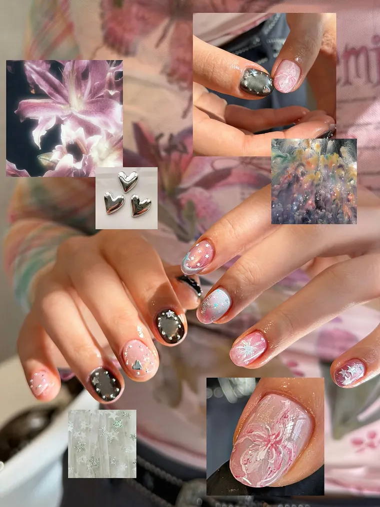 Custom Y2K nail art with hand-painted florals and chrome hearts at Soso Beauty Liverpool